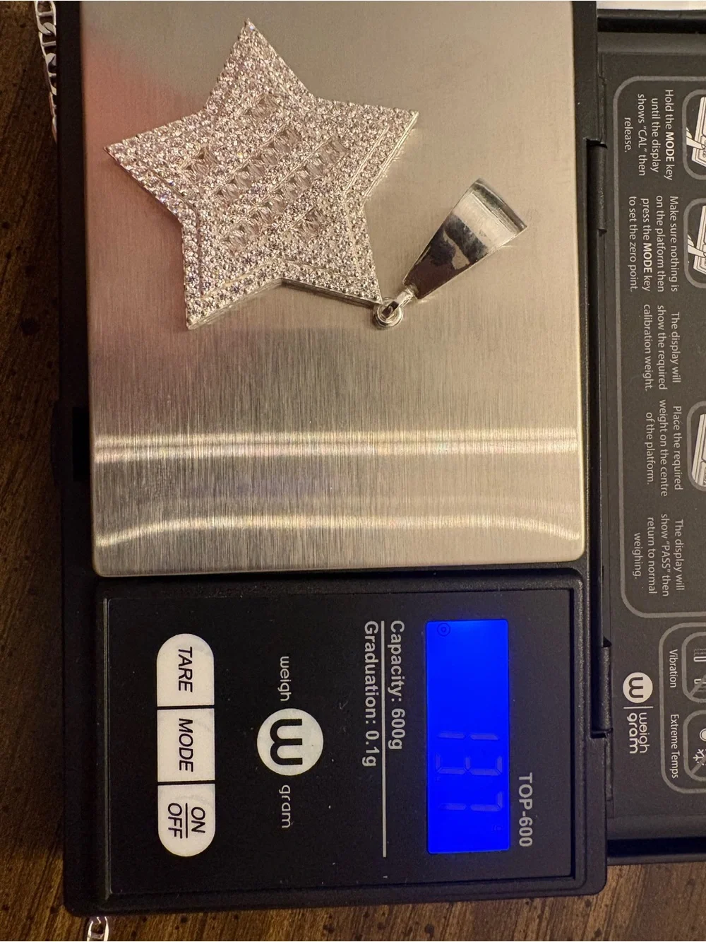 925 Sterling Silver Iced Out CZ Star Pendant Baguette Pavé 13.7g NEW